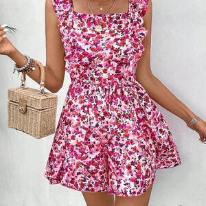 Boho Women's Backless Back Tie Leaf Edge Vacation Printed Romper Jumpsuit